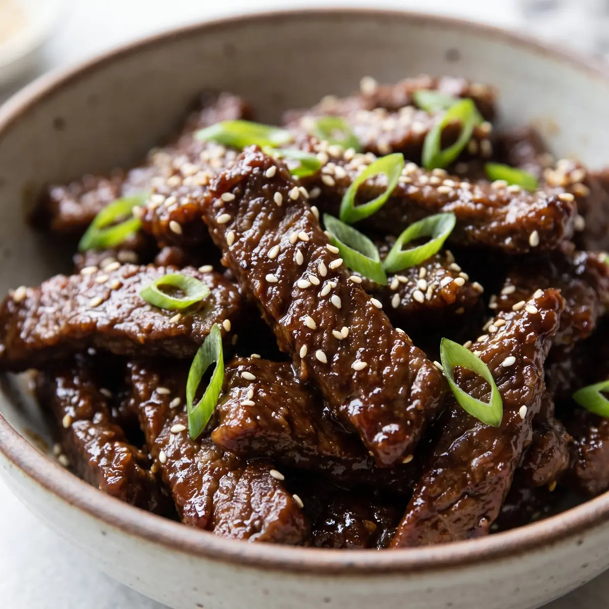 A close-up detail of Mongolian Beef