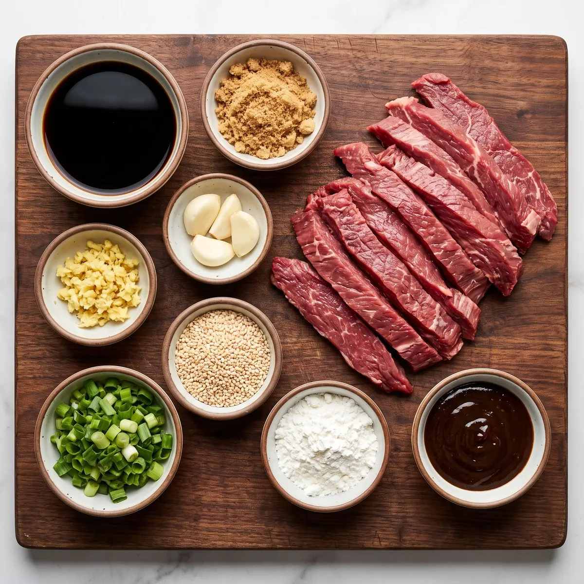 Fresh ingredients for Mongolian Beef arranged on a wood cutting board