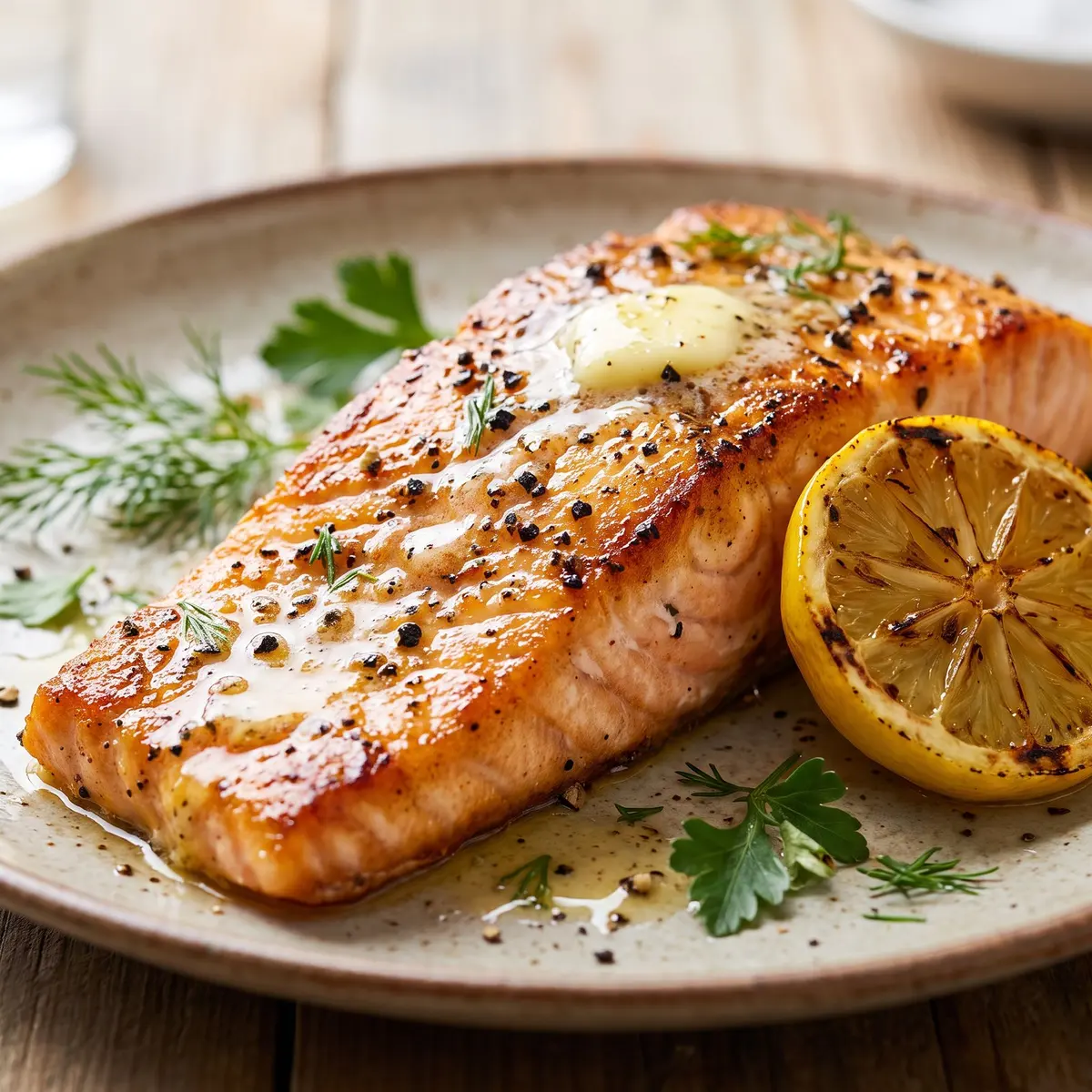 A close-up detail of Lemon Pepper Salmon