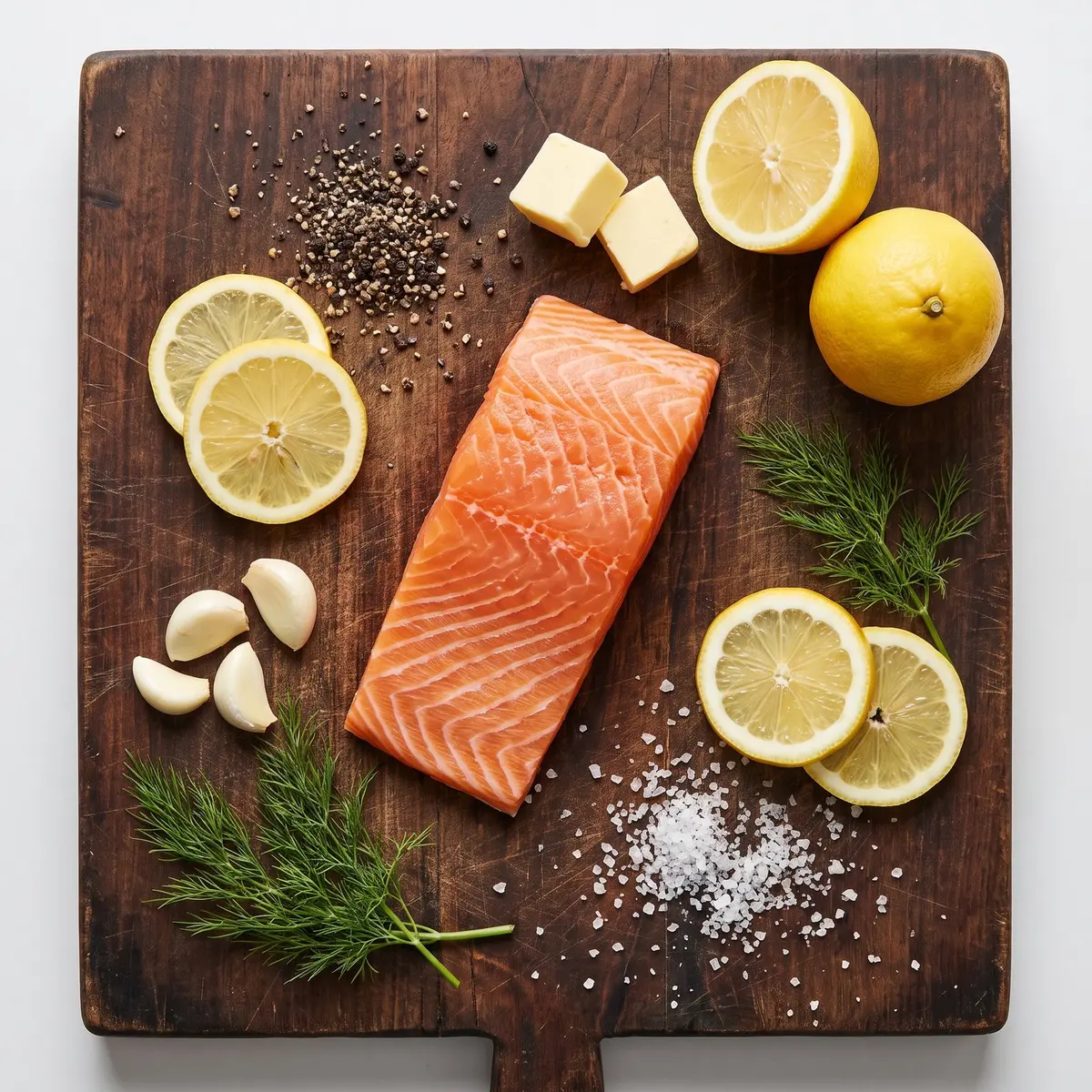 Fresh ingredients for Lemon Pepper Salmon arranged on a wood cutting board