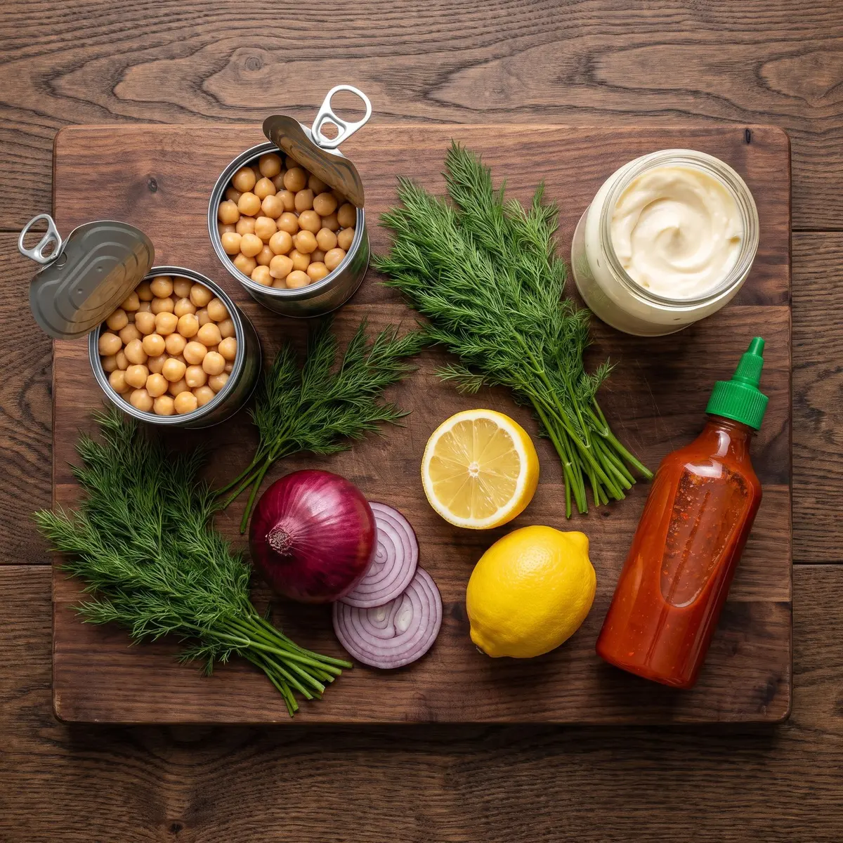 Fresh ingredients for Smashed Chickpea Salad arranged on a wood cutting board