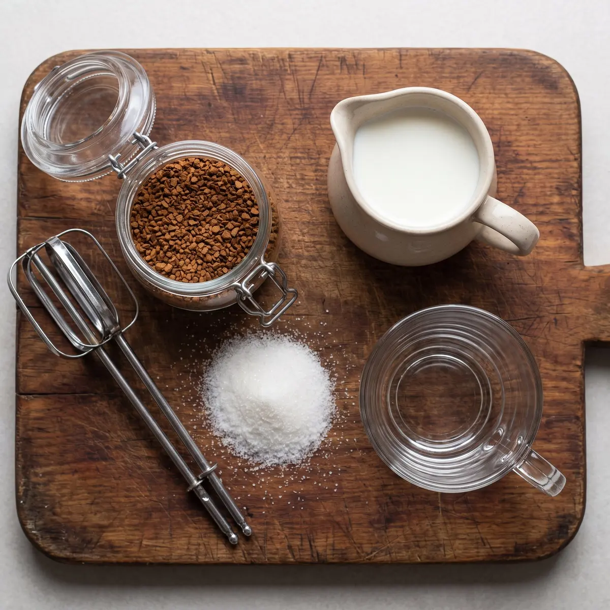 Fresh ingredients for Whipped Coffee Dalgona arranged on a wood cutting board