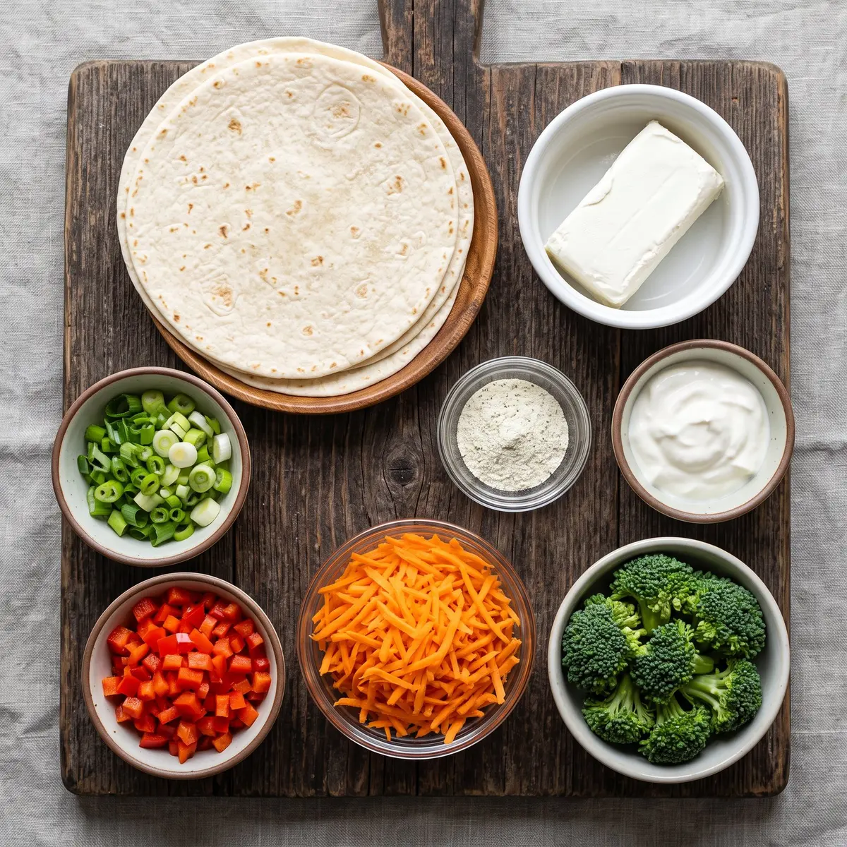 Fresh ingredients for Veggie Pinwheels arranged on a wood cutting board