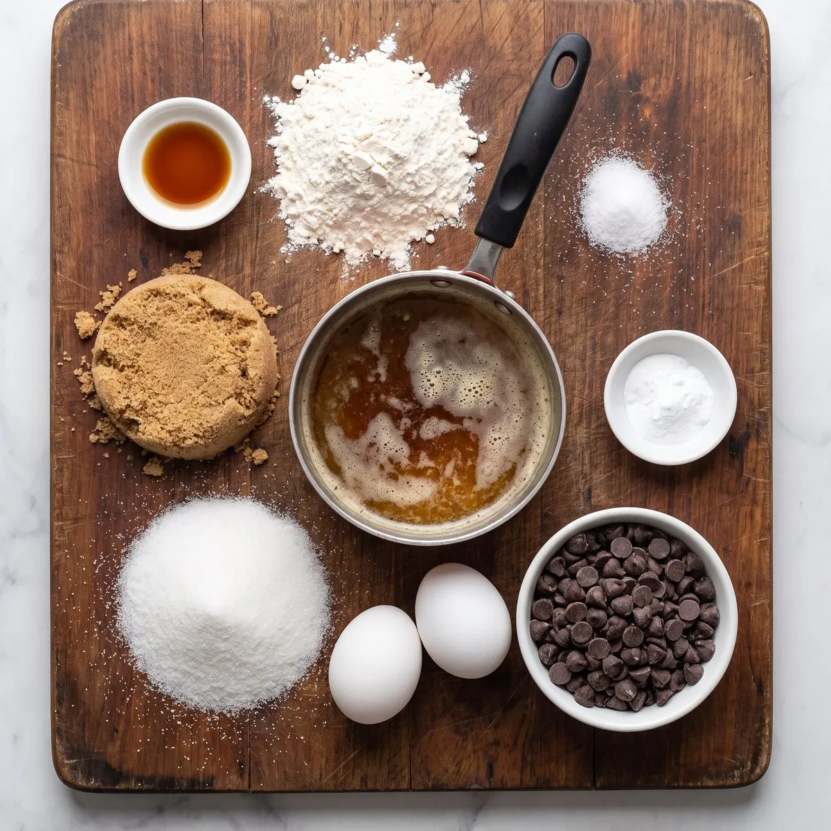 Fresh ingredients for Brown Butter Chocolate Chip Cookies arranged on a wood cutting board