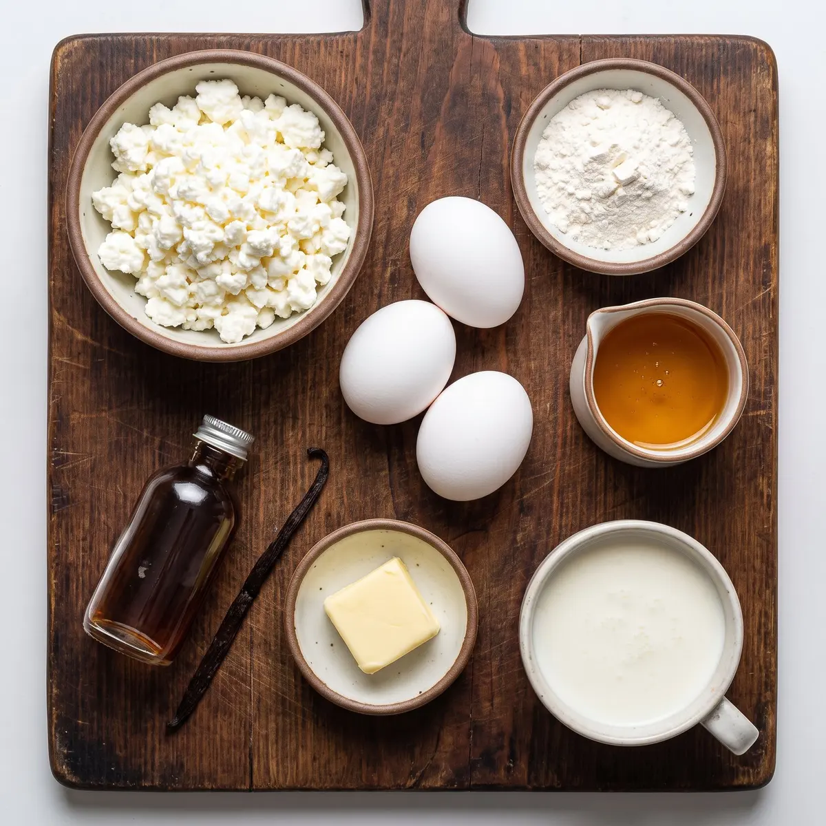 Fresh ingredients for Cottage Cheese Pancakes arranged on a wood cutting board