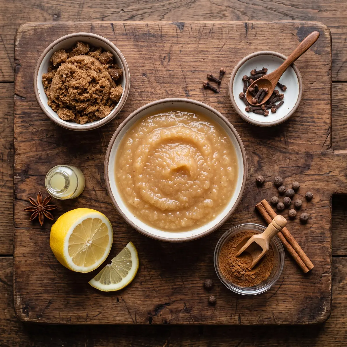 Fresh ingredients for Apple Butter arranged on a wood cutting board