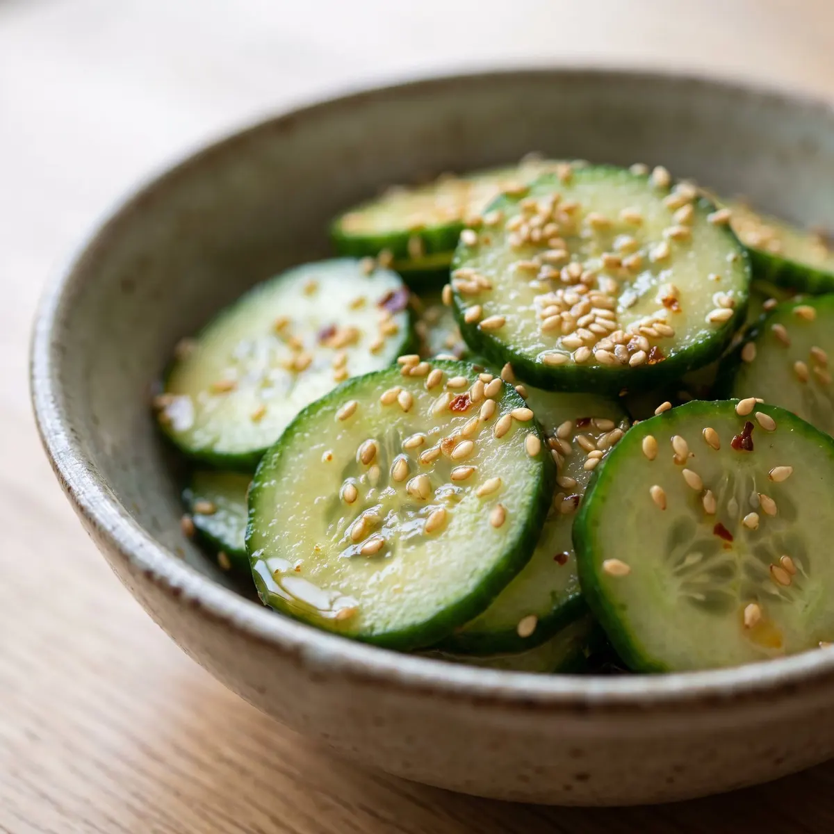 A close-up detail of Cucumber Salad with Sesame