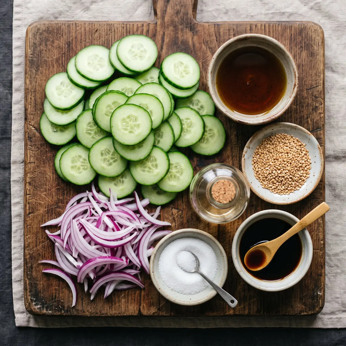 Fresh ingredients for Cucumber Salad with Sesame arranged on a wood cutting board