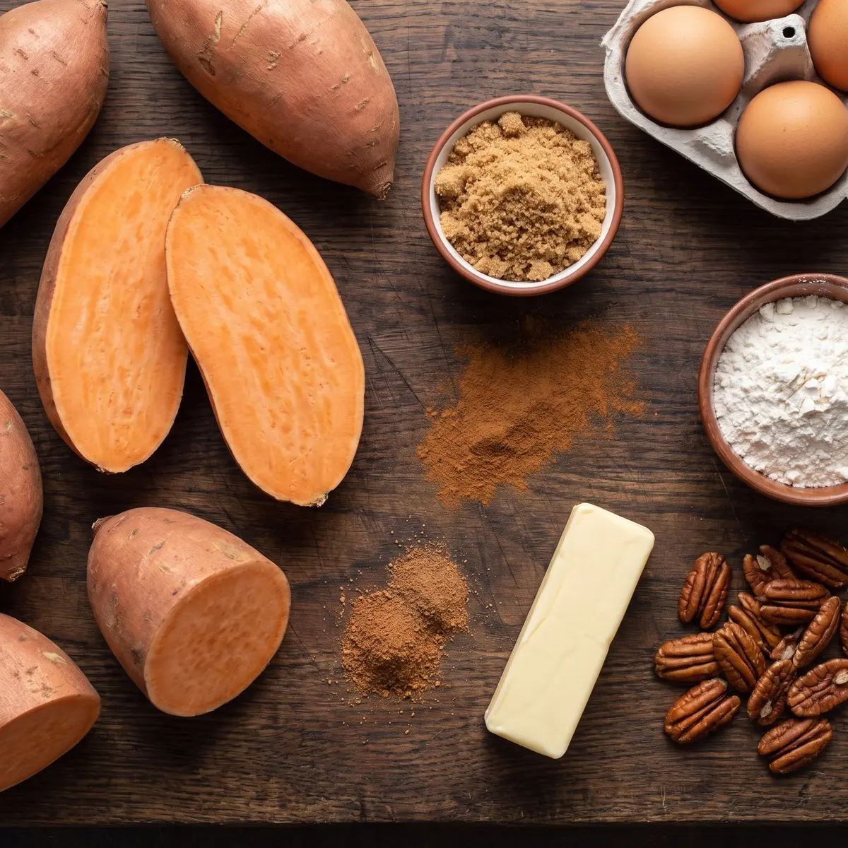 Fresh ingredients for Sweet Potato Pie arranged on a wood cutting board