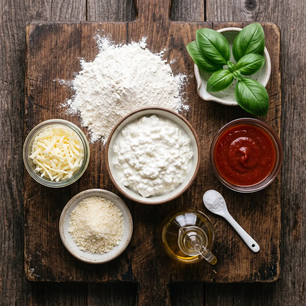 Fresh ingredients for Cottage Cheese Flatbread arranged on a wood cutting board