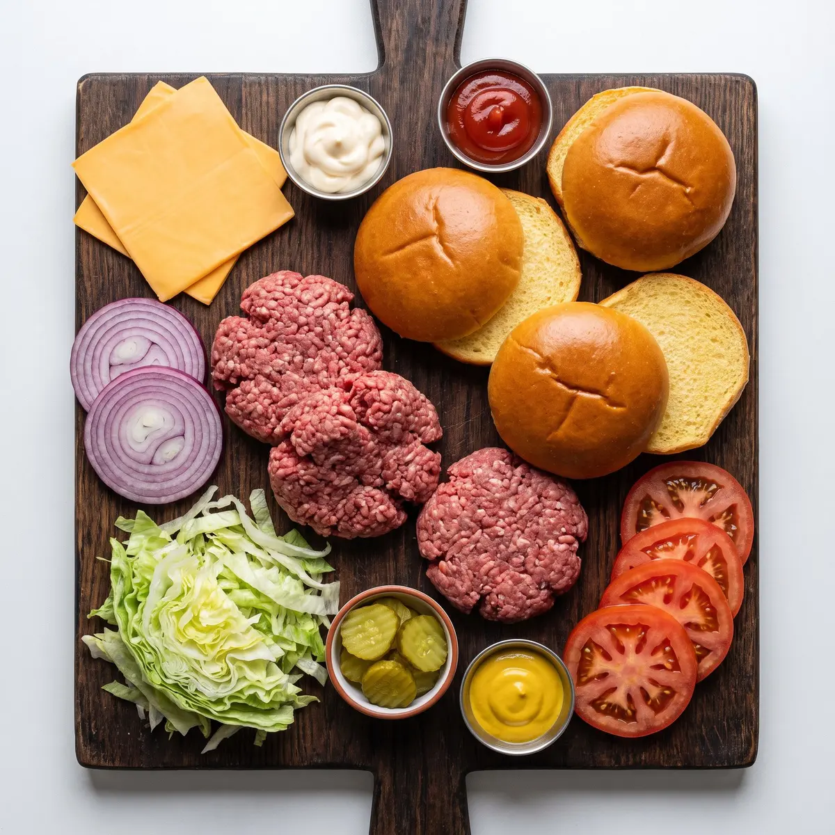 Fresh ingredients for Smash Burgers arranged on a wood cutting board