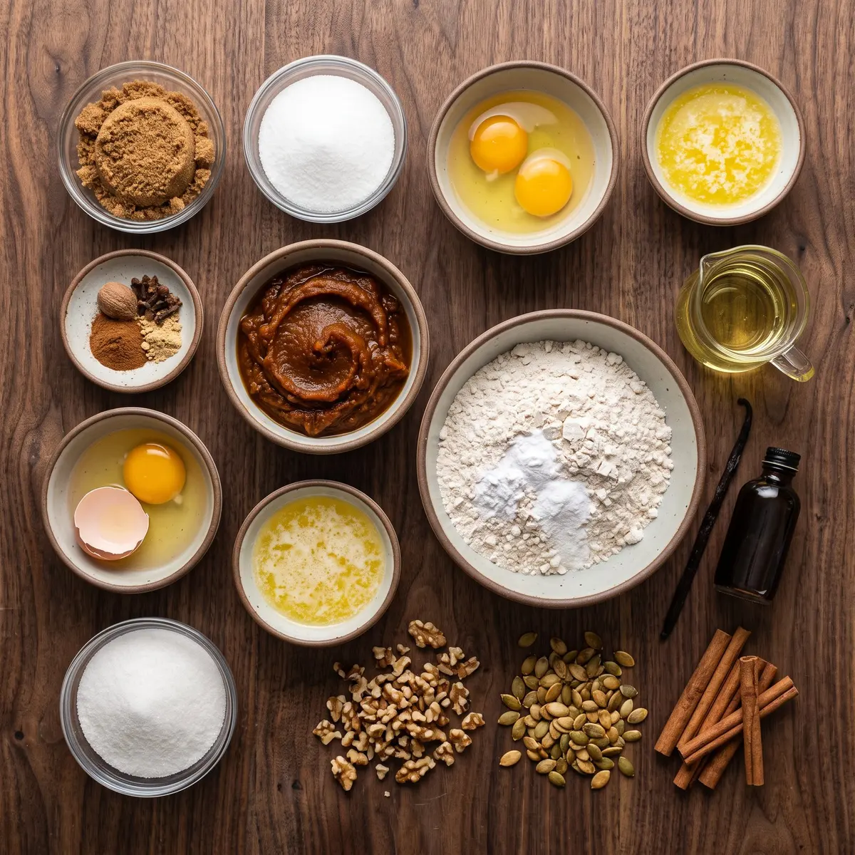 Fresh ingredients for Pumpkin Bread arranged on a wood cutting board