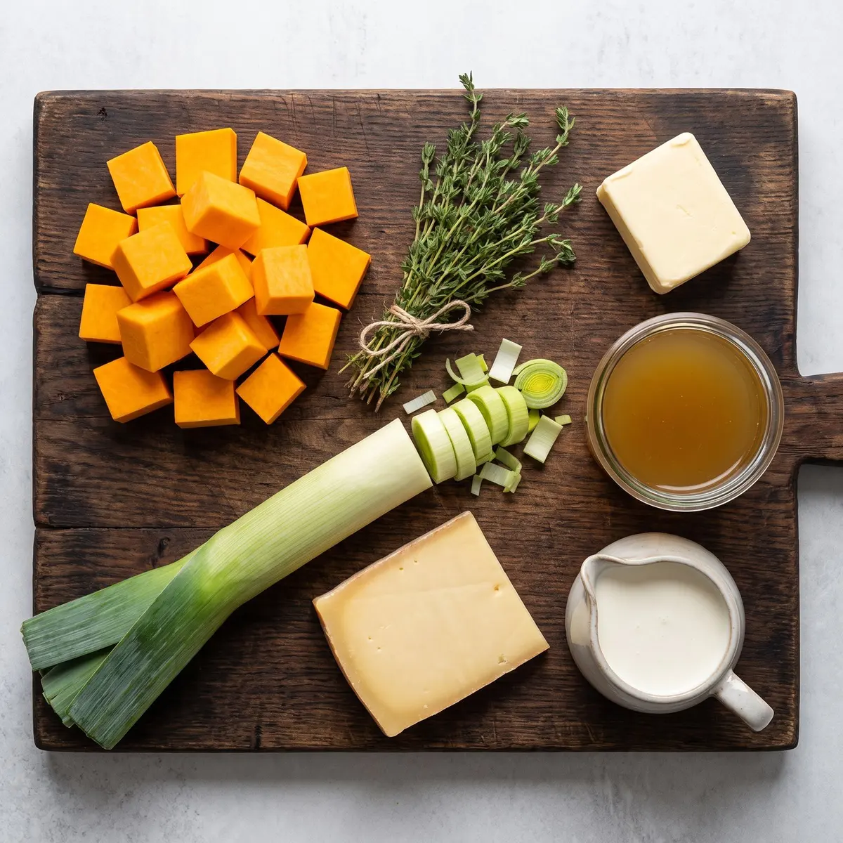 Fresh ingredients for Pumpkin Soup arranged on a wood cutting board