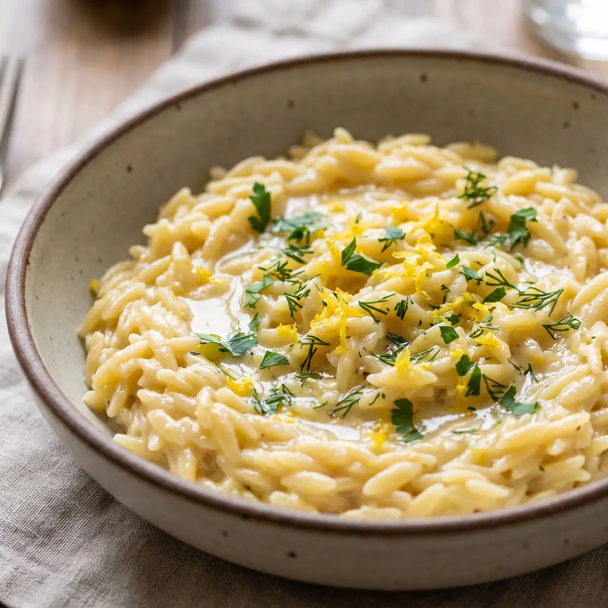 A close-up detail of One Pot Lemon Orzo