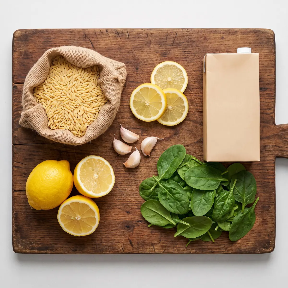 Fresh ingredients for One Pot Lemon Orzo arranged on a wood cutting board