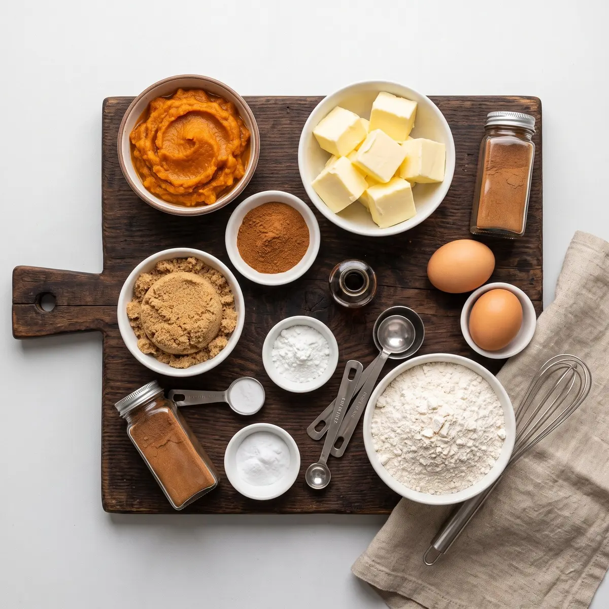 Fresh ingredients for Pumpkin Snickerdoodles arranged on a wood cutting board