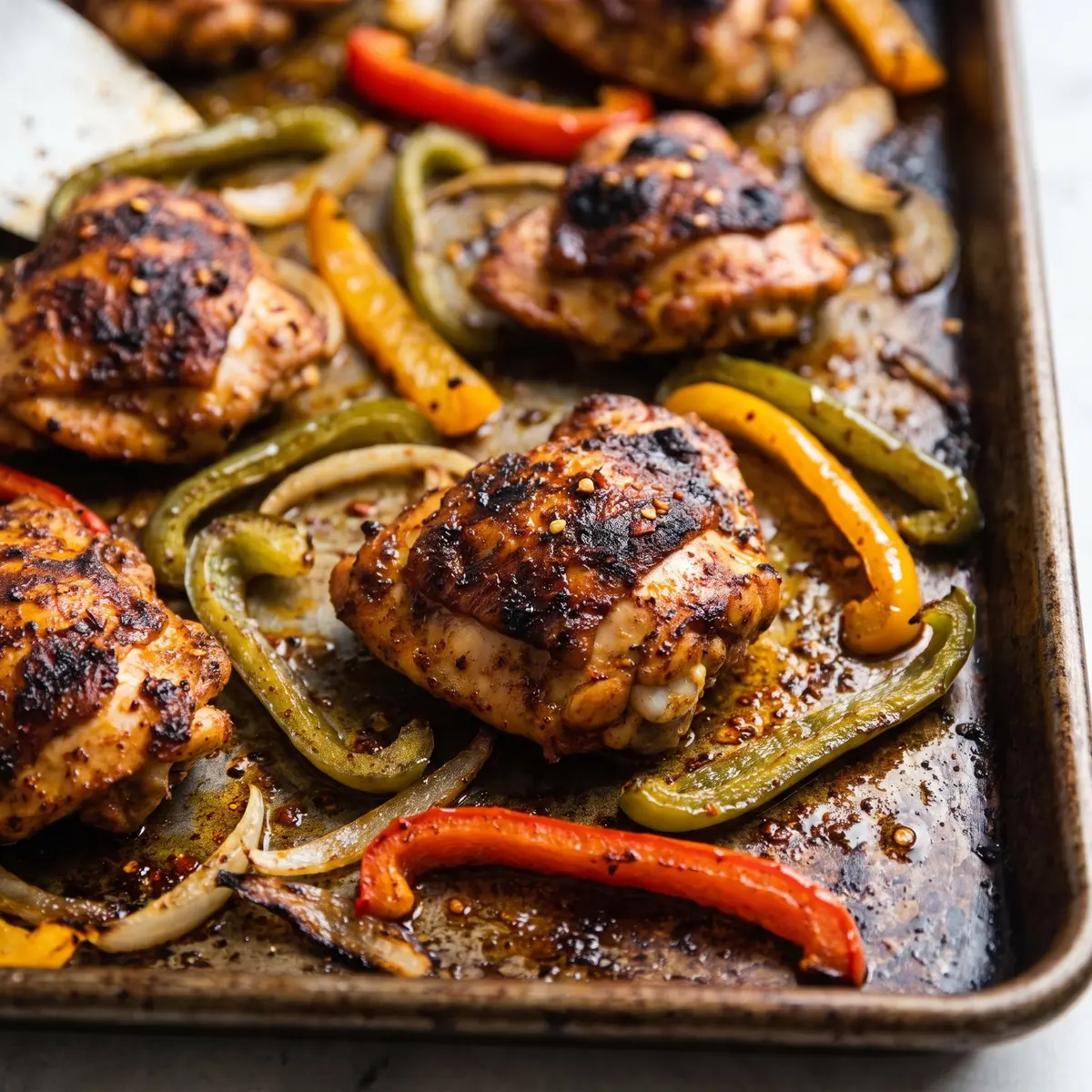 A close-up detail of Sheet Pan Chicken Fajitas