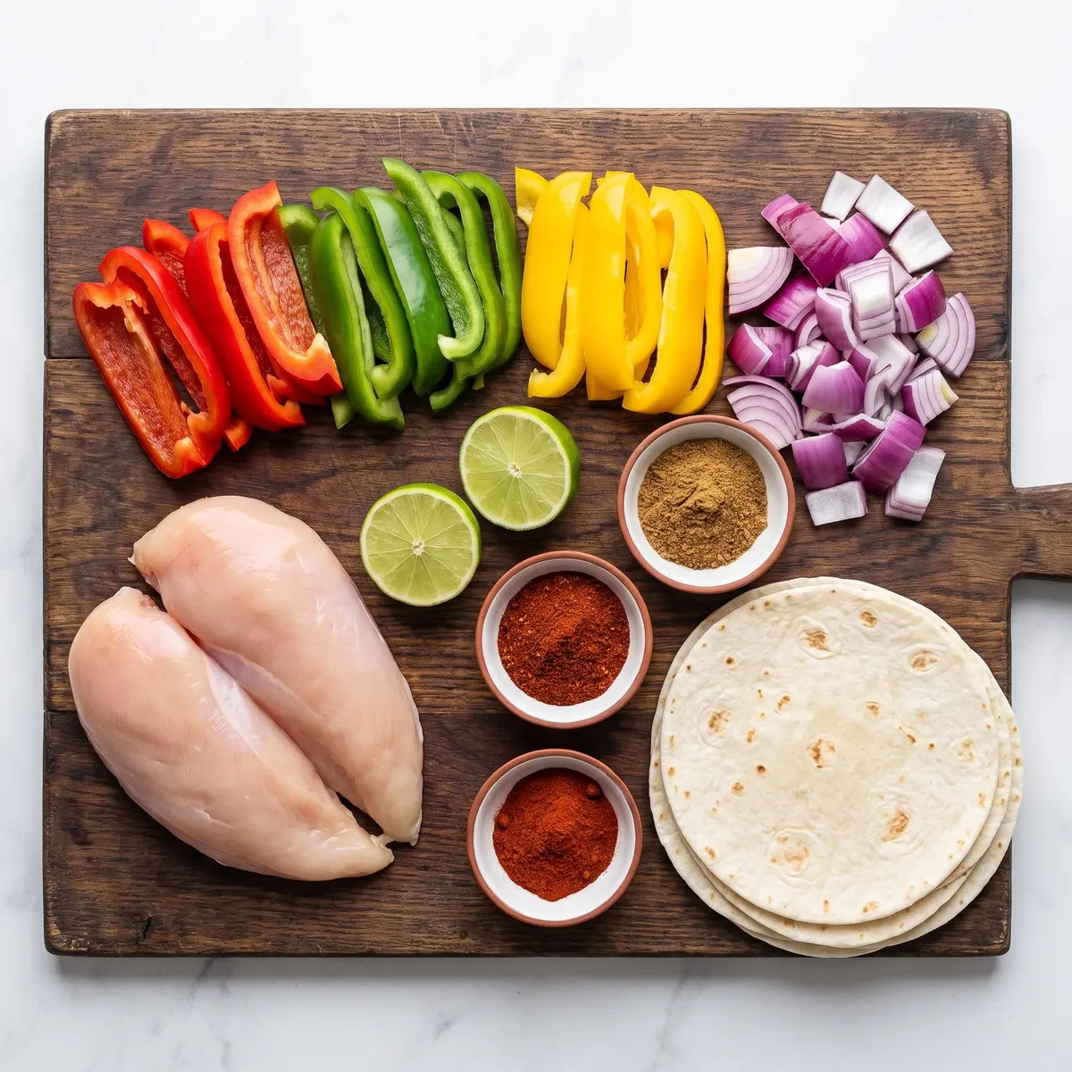 Fresh ingredients for Sheet Pan Chicken Fajitas arranged on a wood cutting board