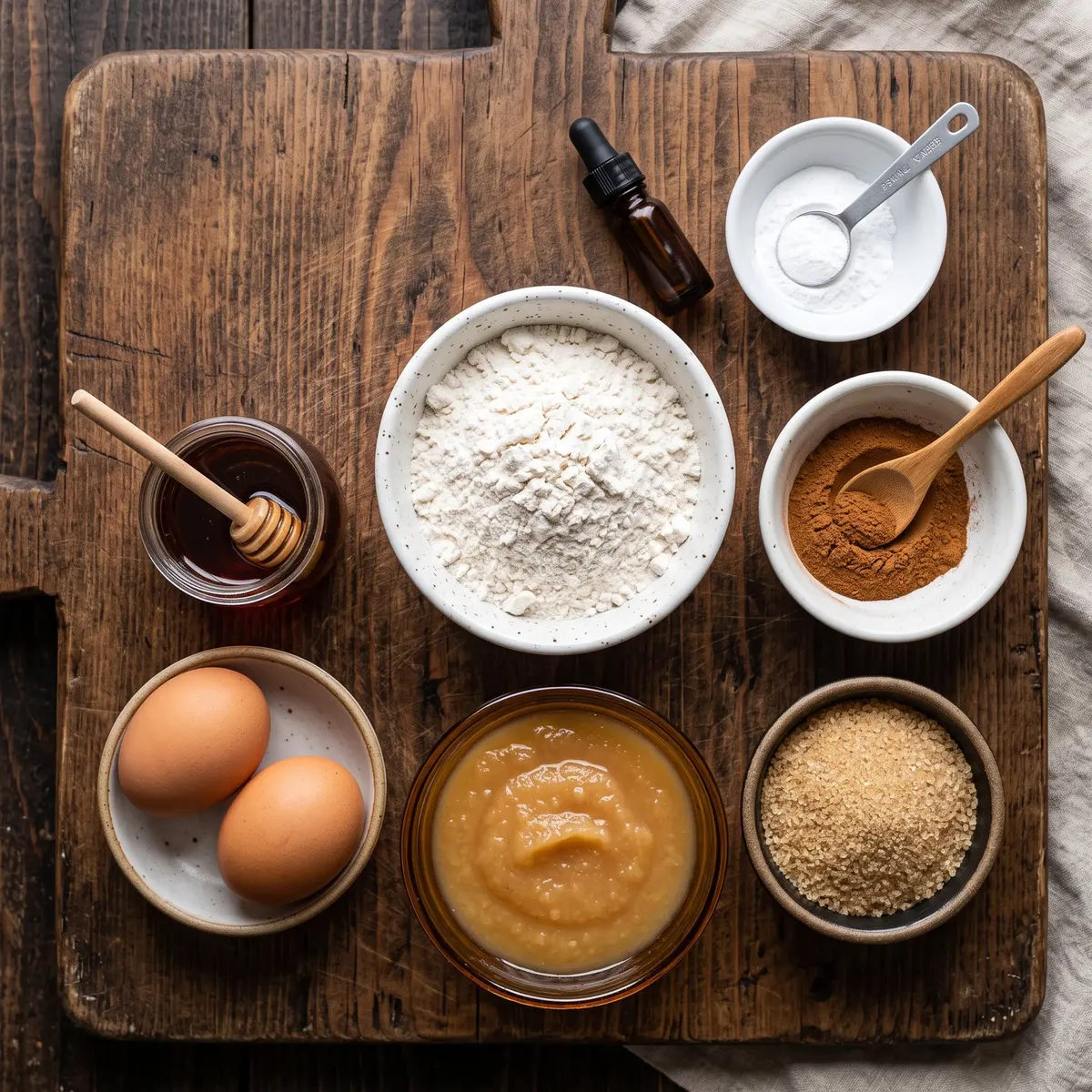 Fresh ingredients for Apple Cider Donuts arranged on a wood cutting board