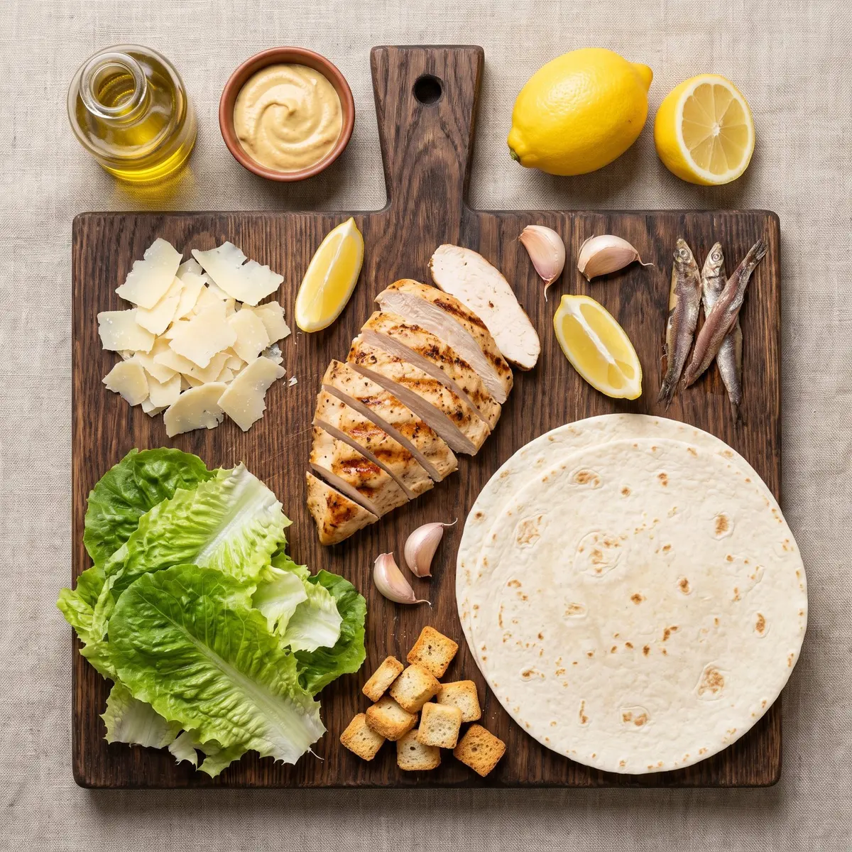 Fresh ingredients for Chicken Caesar Wraps arranged on a wood cutting board