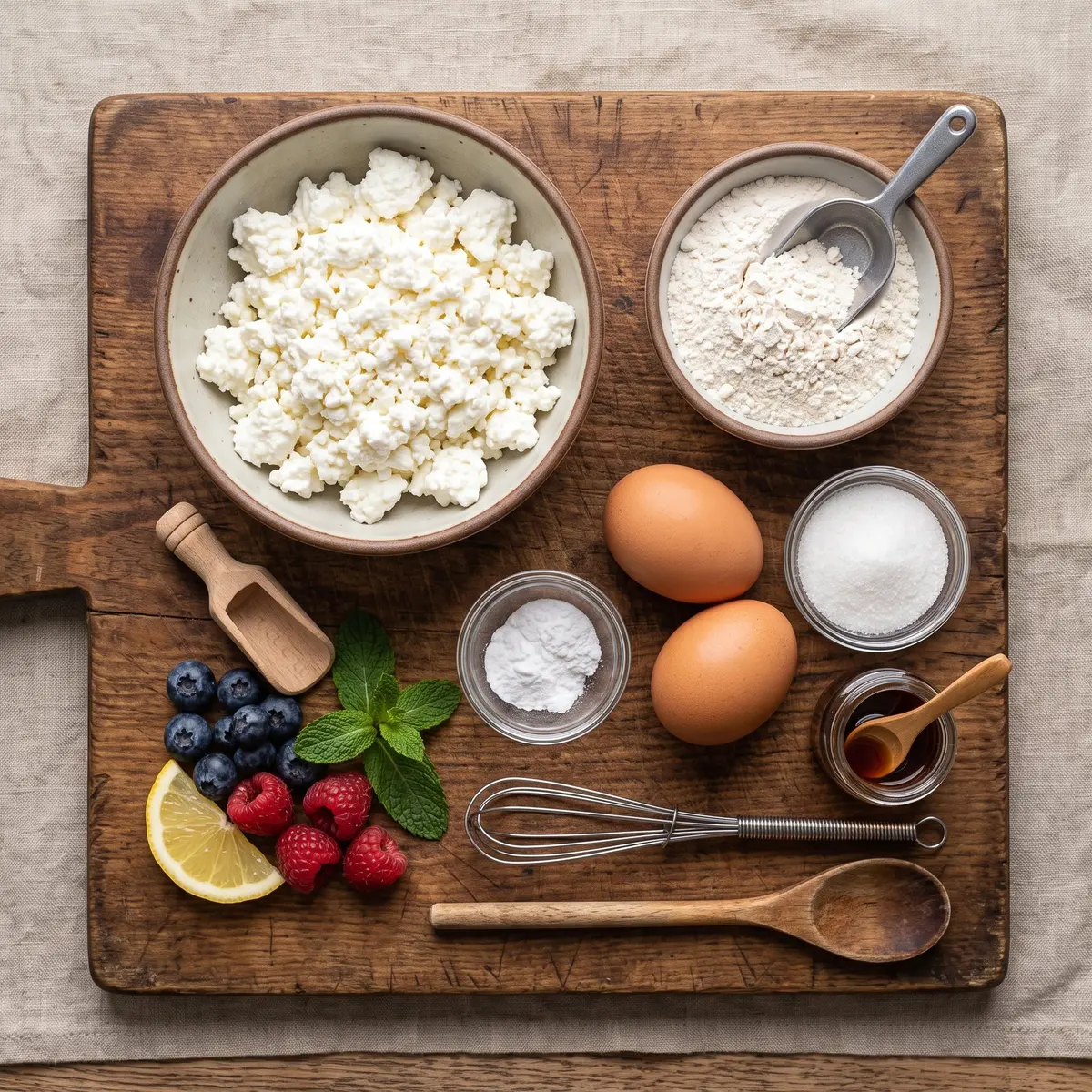 Fresh ingredients for Cottage Cheese Pancakes arranged on a wood cutting board