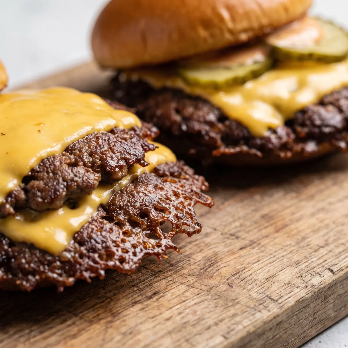A close-up detail of Smash Burgers