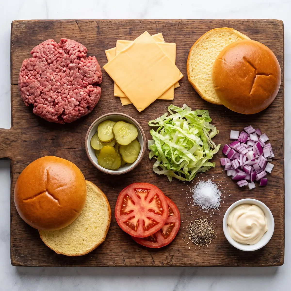 Fresh ingredients for Smash Burgers arranged on a wood cutting board