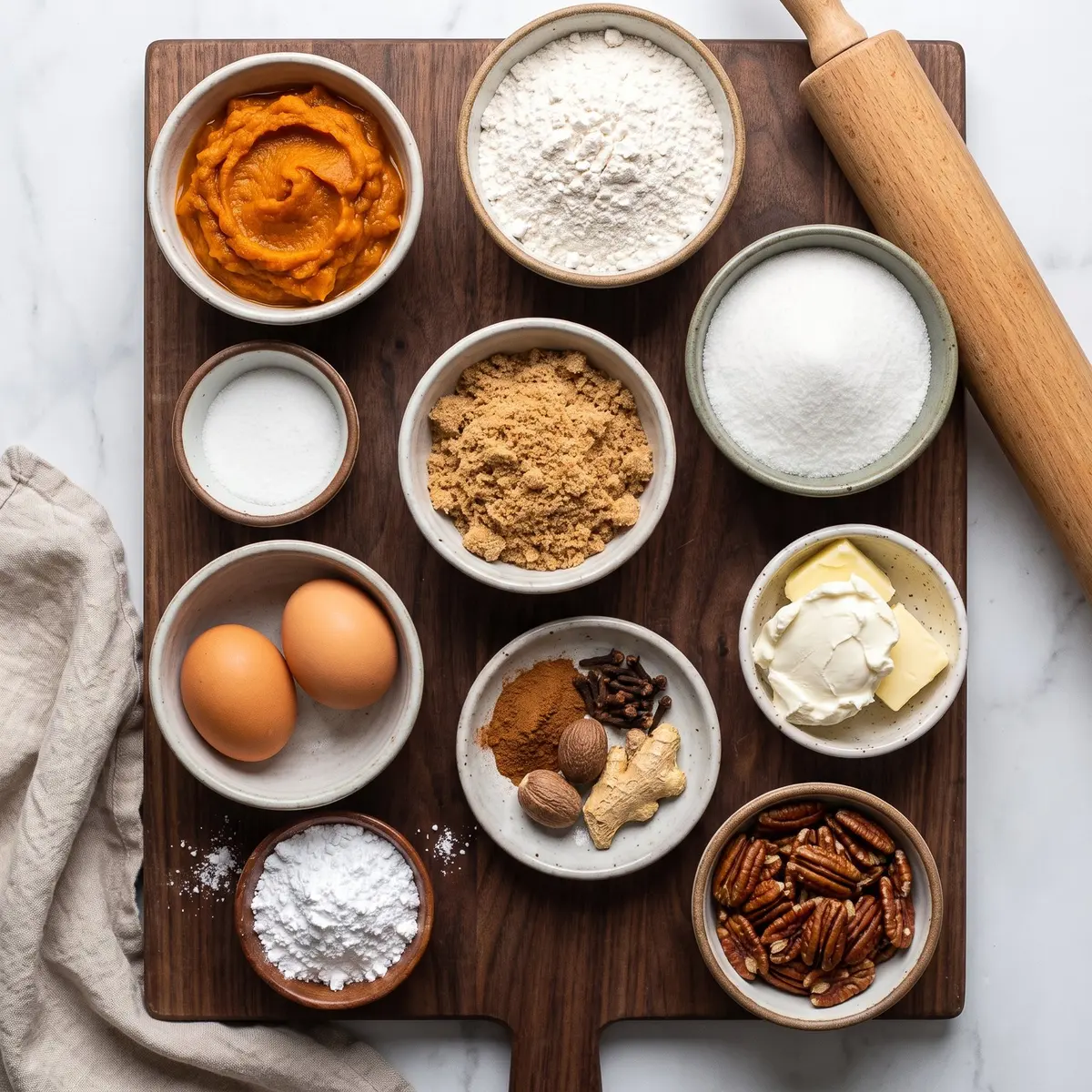 Fresh ingredients for Pumpkin Roll arranged on a wood cutting board