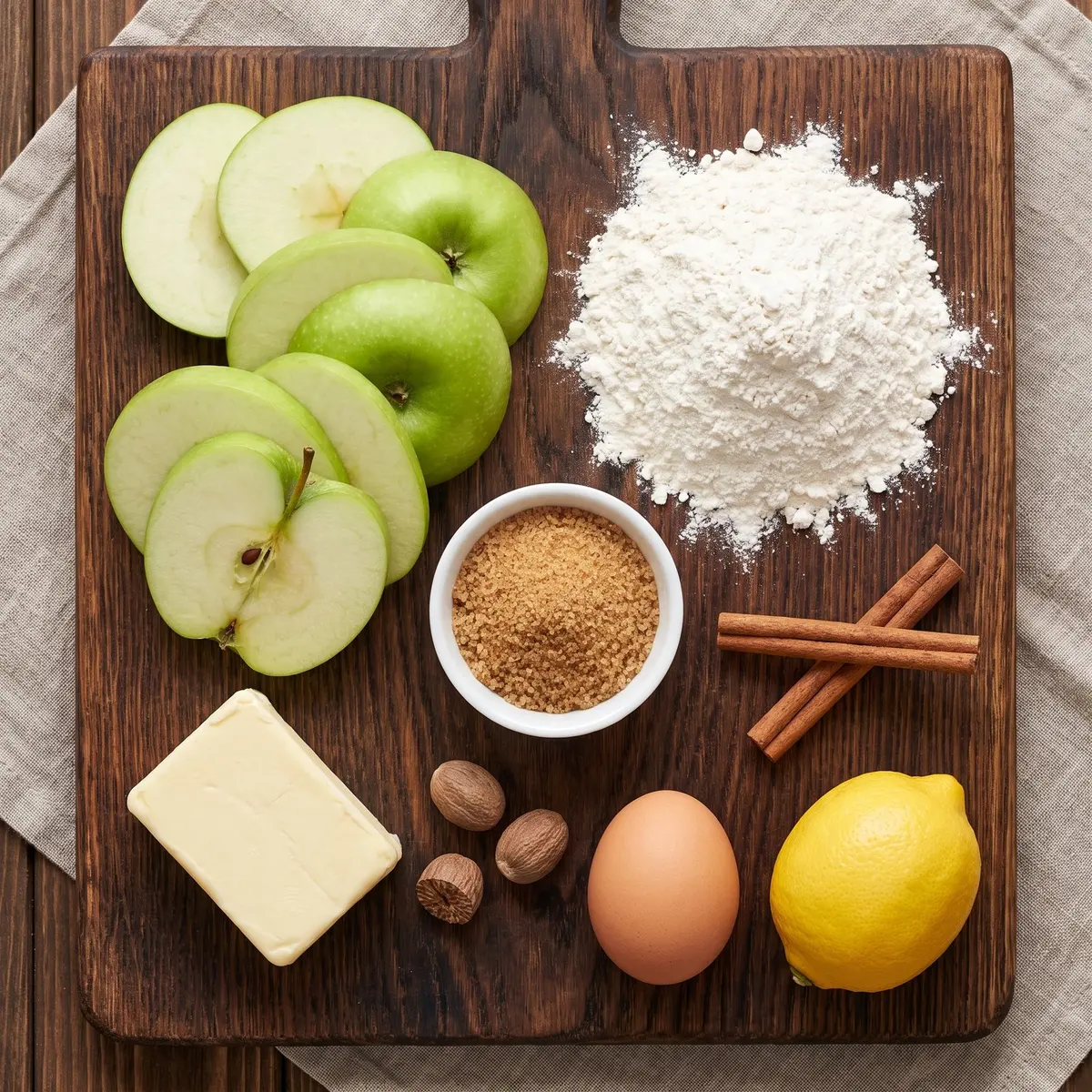 Fresh ingredients for Apple Pie arranged on a wood cutting board