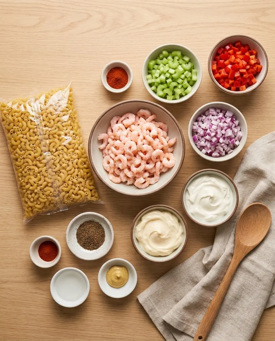 Ingredients for shrimp macaroni salad: elbow macaroni, cooked shrimp, celery, bell pepper, onion, mayonnaise, sour cream, celery seed, Dijon mustard