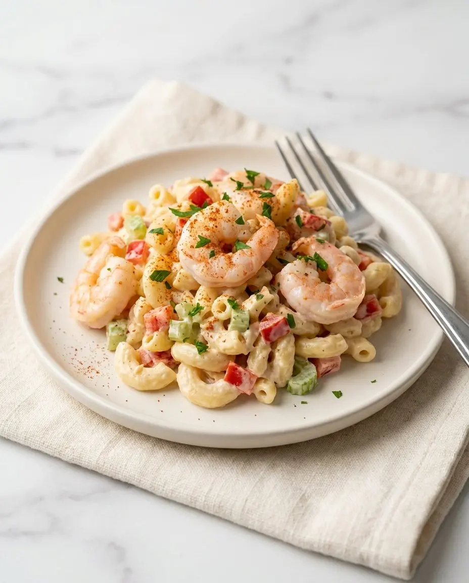A serving of shrimp macaroni salad on a cream plate with paprika garnish and a fork