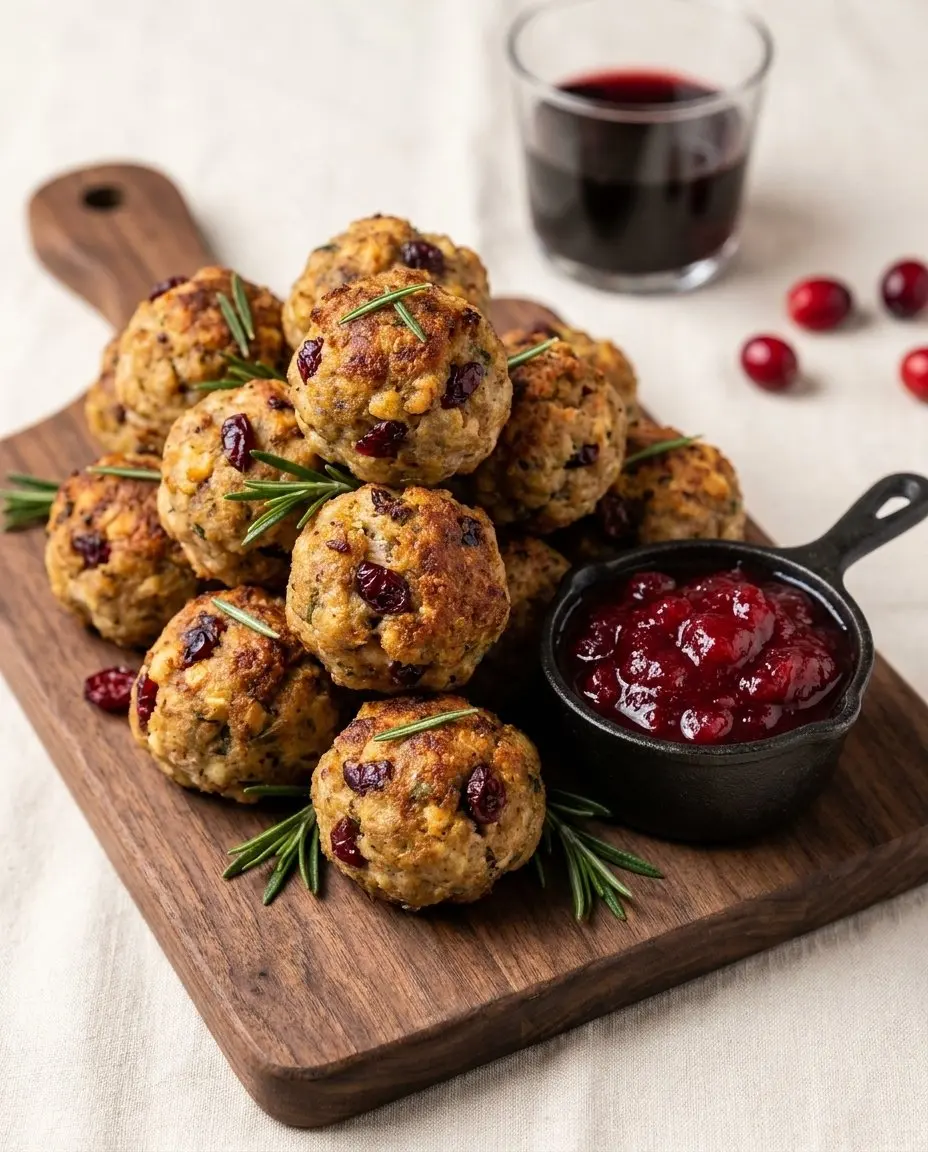 Turkey and stuffing meatballs stacked on a wooden serving board with rosemary and a small cast iron ramekin of cranberry sauce