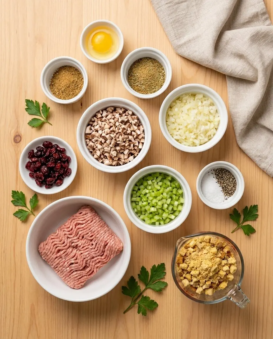 Ingredients for turkey and stuffing meatballs laid out on a wooden table: ground turkey, mushrooms, onion, celery, dried cranberries, egg, poultry seasoning, cornbread stuffing, parsley
