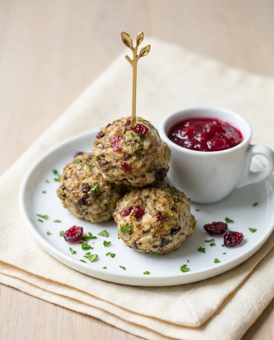 Three turkey and stuffing meatballs on a small white plate with an espresso cup of cranberry sauce and a gold pick
