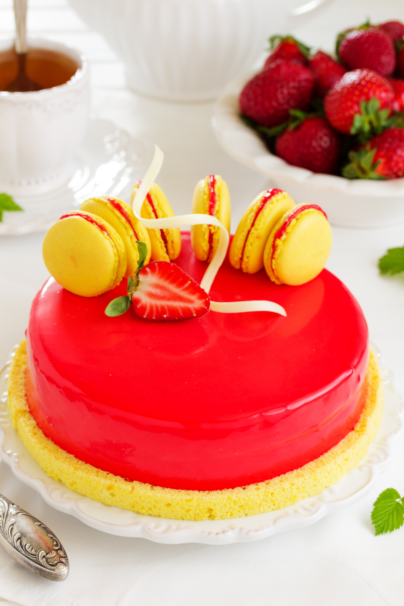 Lemon Strawberry Cake with Macaron Swirls