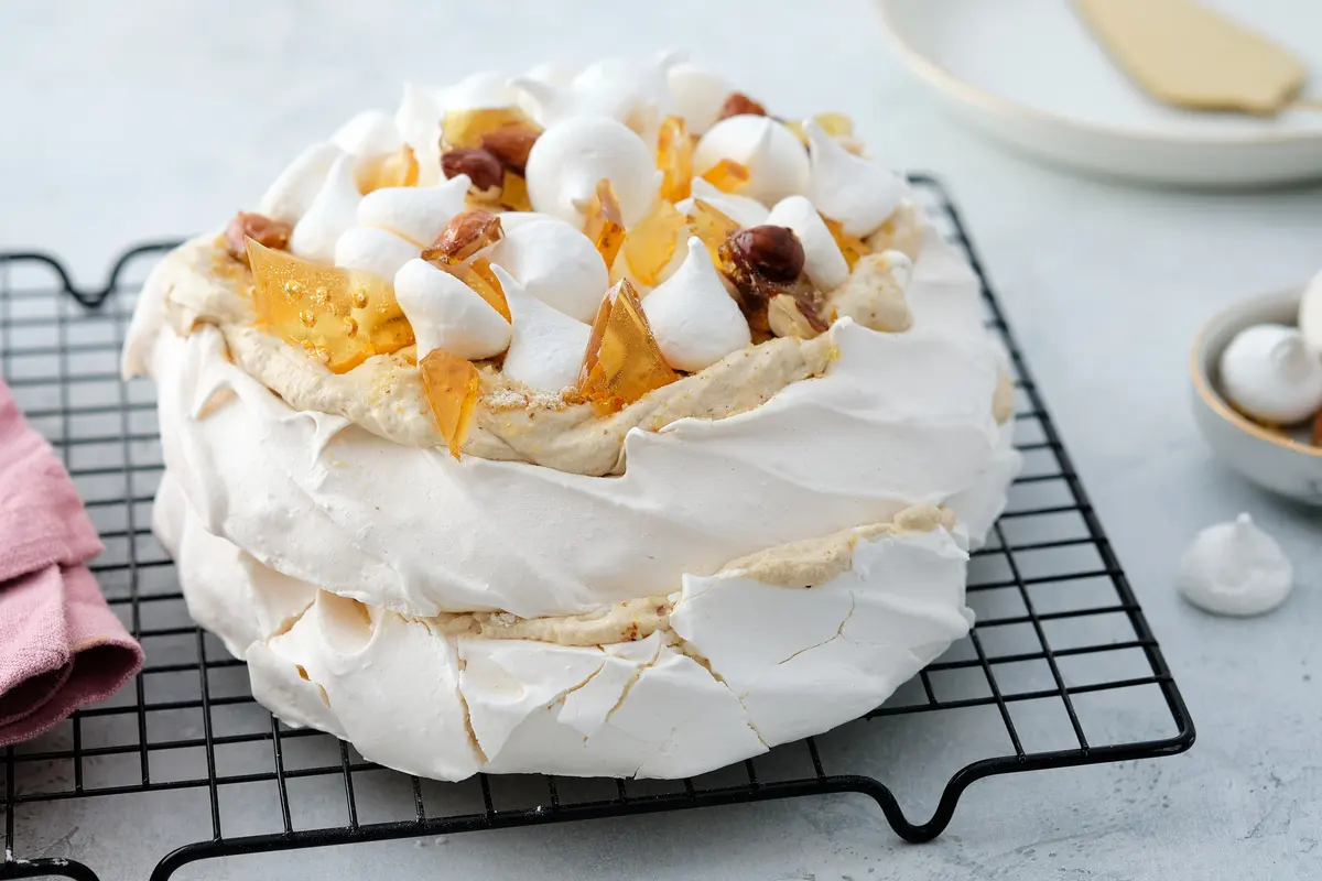 Caramel Cashew Pavlova Cake with Toasted Nuts