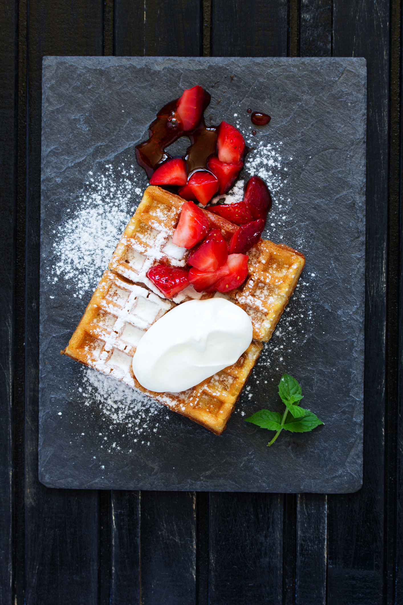 Fluffy Belgian Waffles Topped with Strawberries Cream
