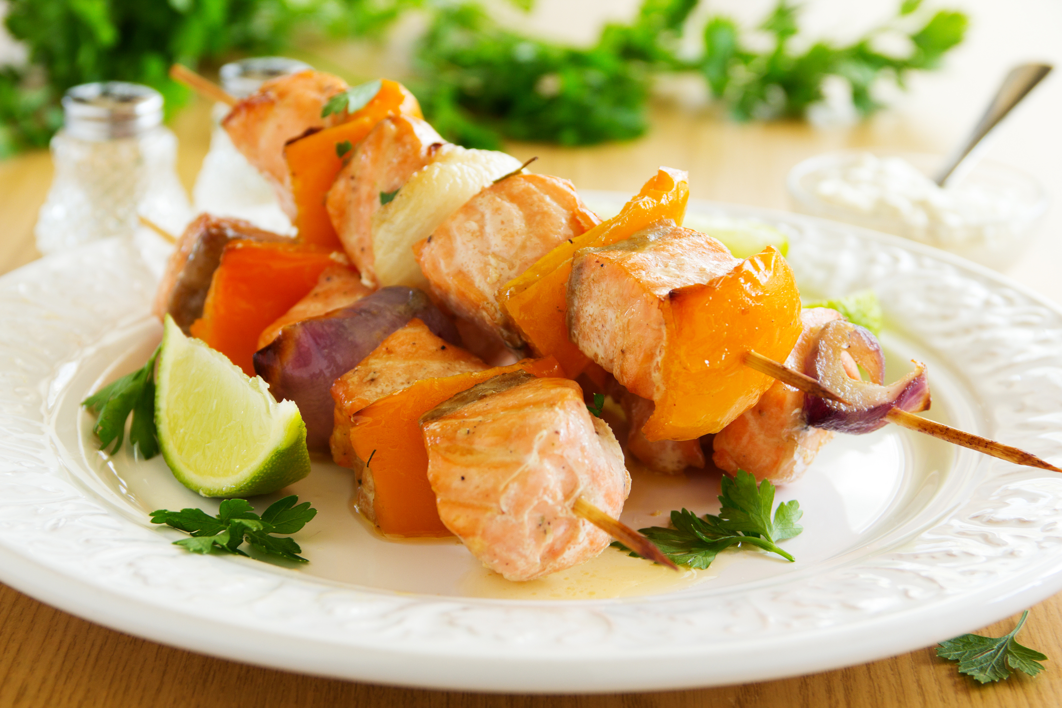 Grilled Salmon Shashlik in Creamy White Sauce