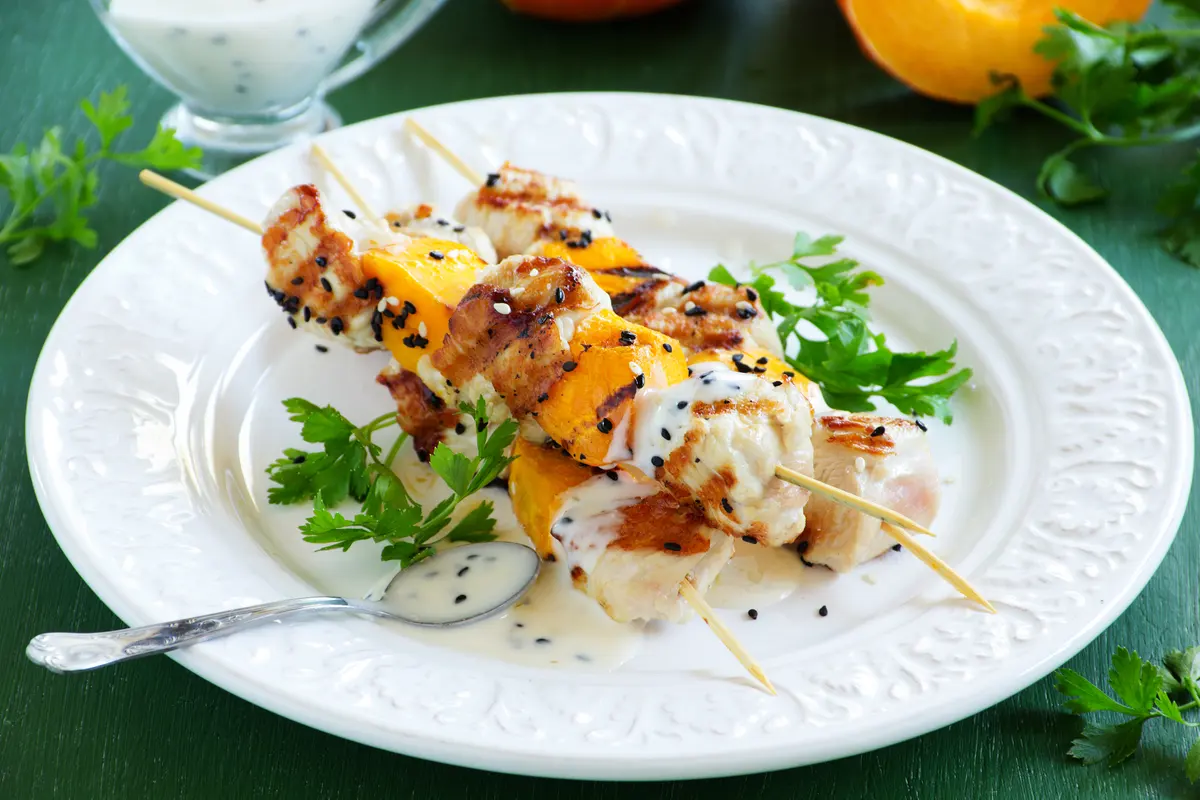 Grilled Turkish Shish Kebab with Roasted Pumpkin