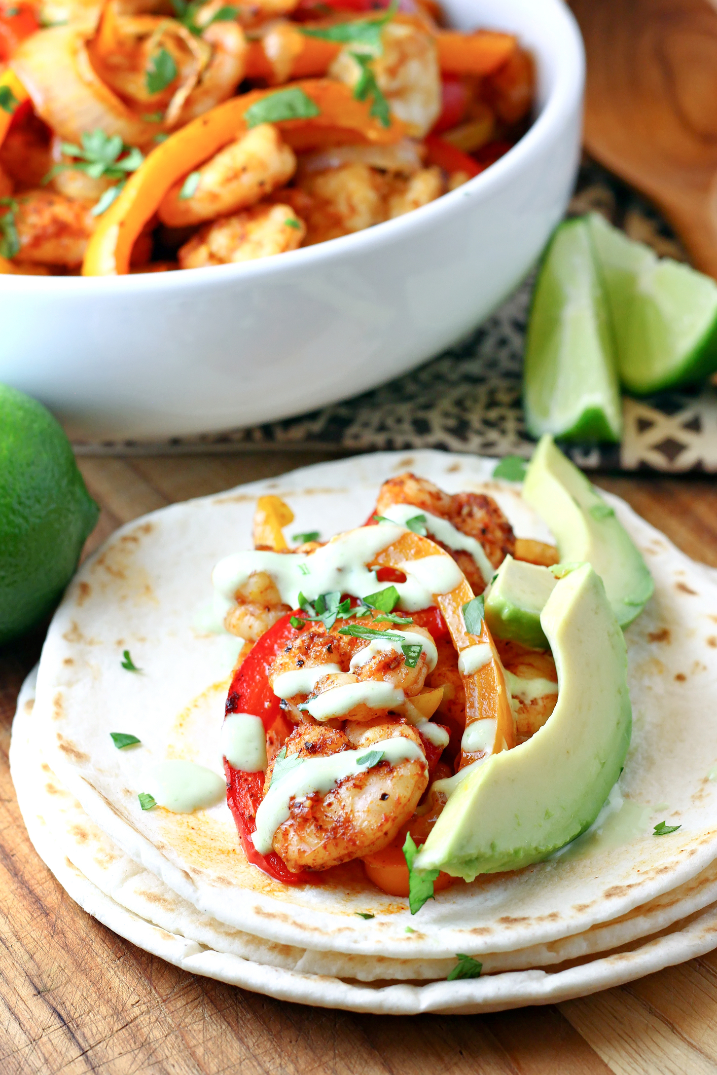 Spicy Shrimp Fajitas with Creamy Avocado Peppers