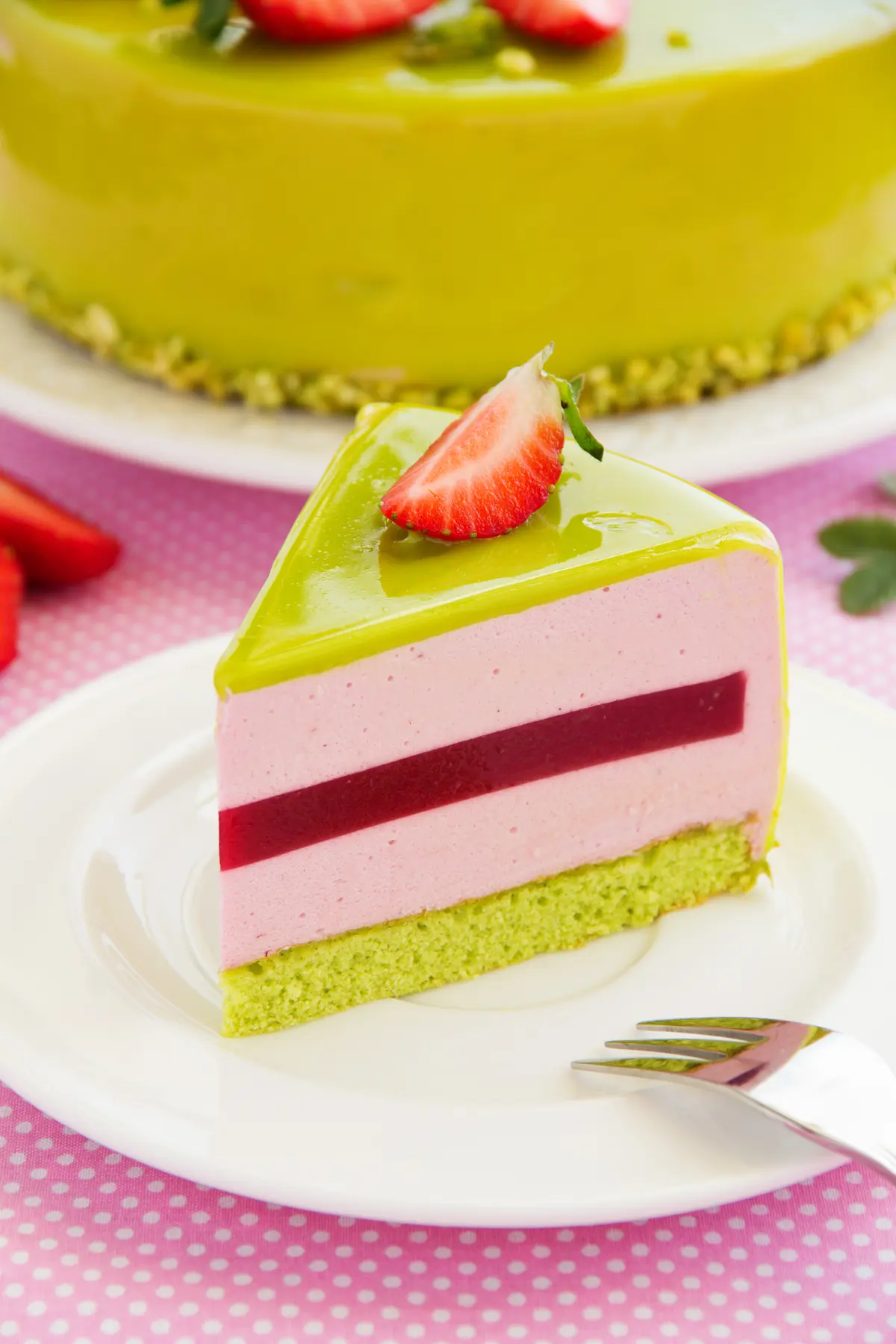 Layered Strawberry Pistachio Mousse Cake Delight