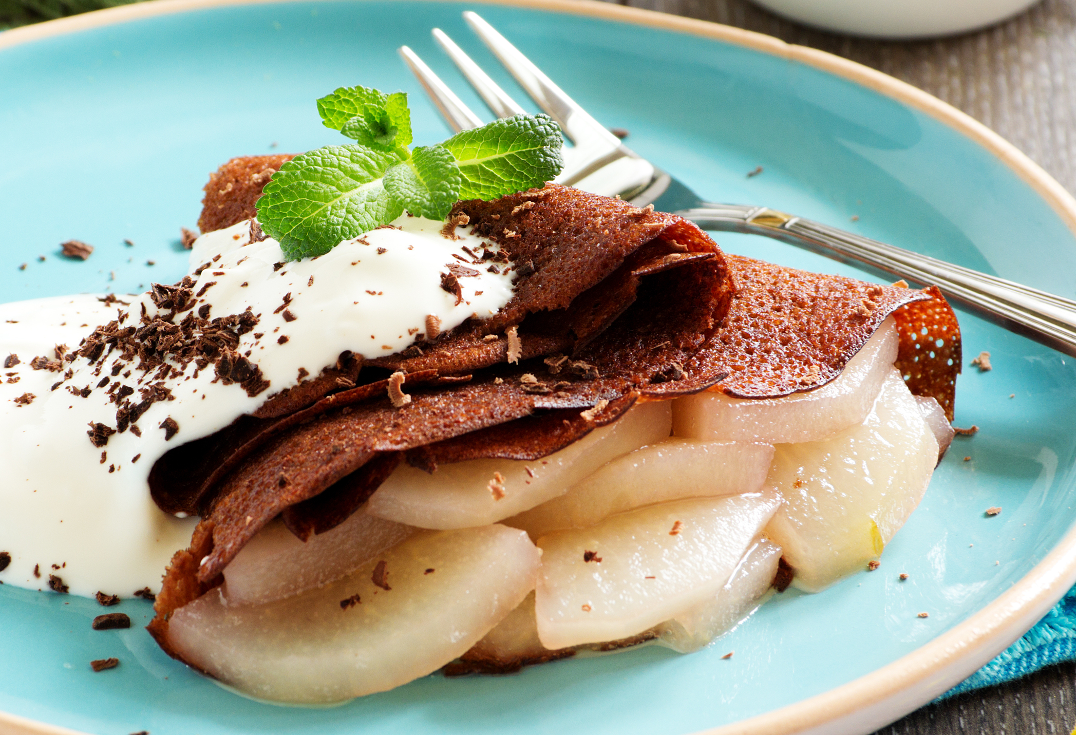 Fluffy Chocolate Pancakes with Poached Pears