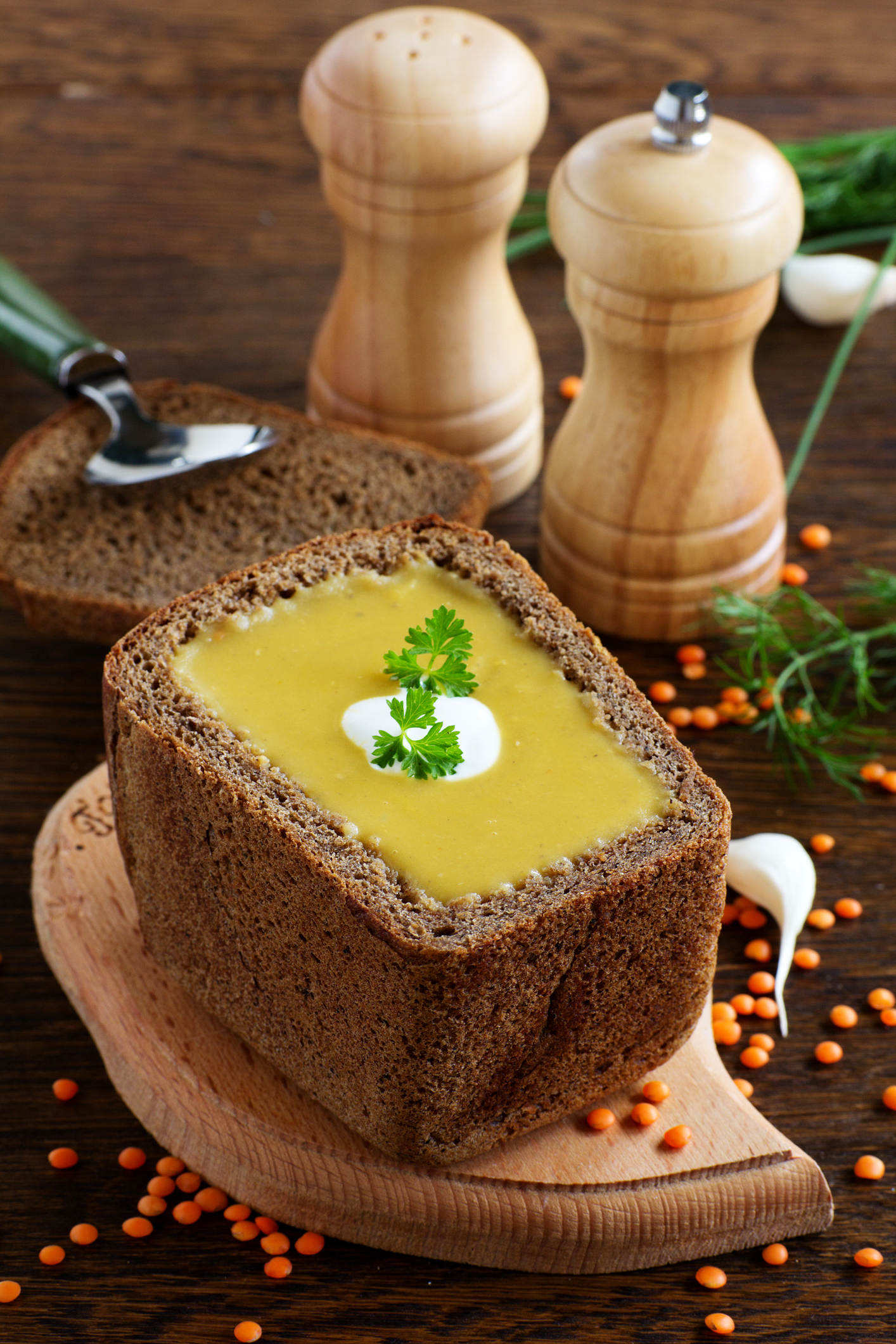 Lentil Soup Served in a Warm Bread Bowl
