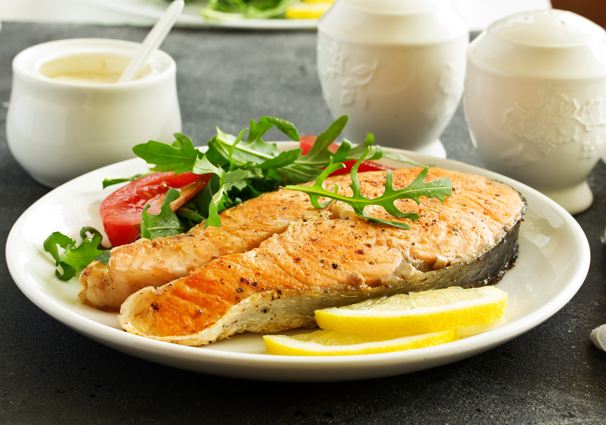 Grilled Salmon Steak in Silky Dill Cream Sauce