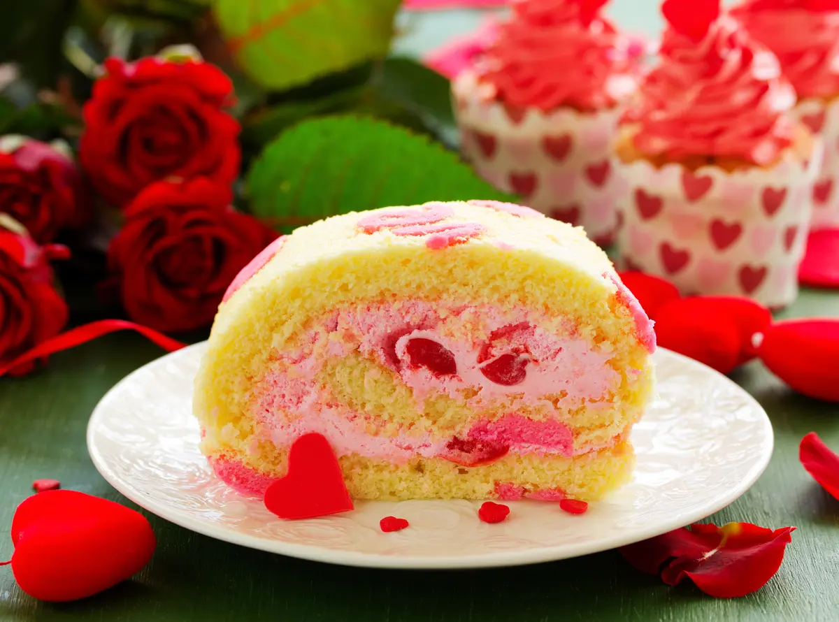 Blood Red Valentine Sponge Roll With Cream Roses