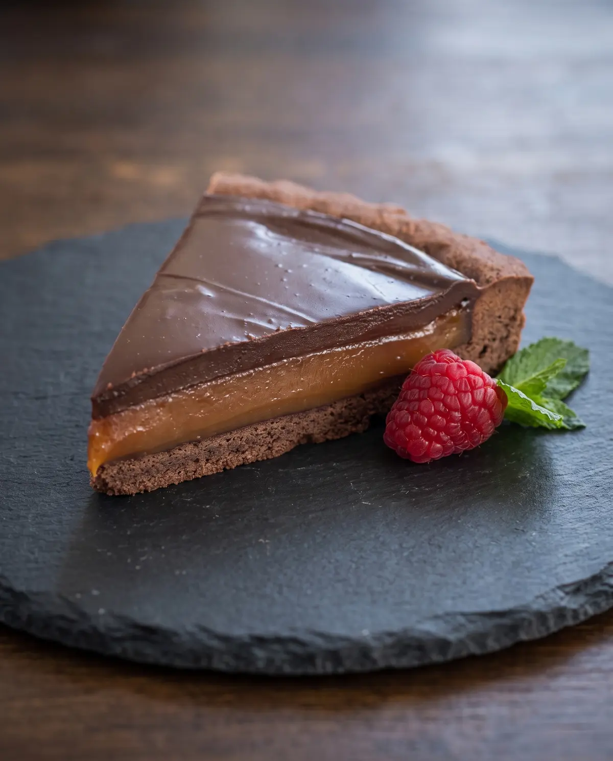 Chocolate caramel tart on slate plate from low 3/4 angle showing layers