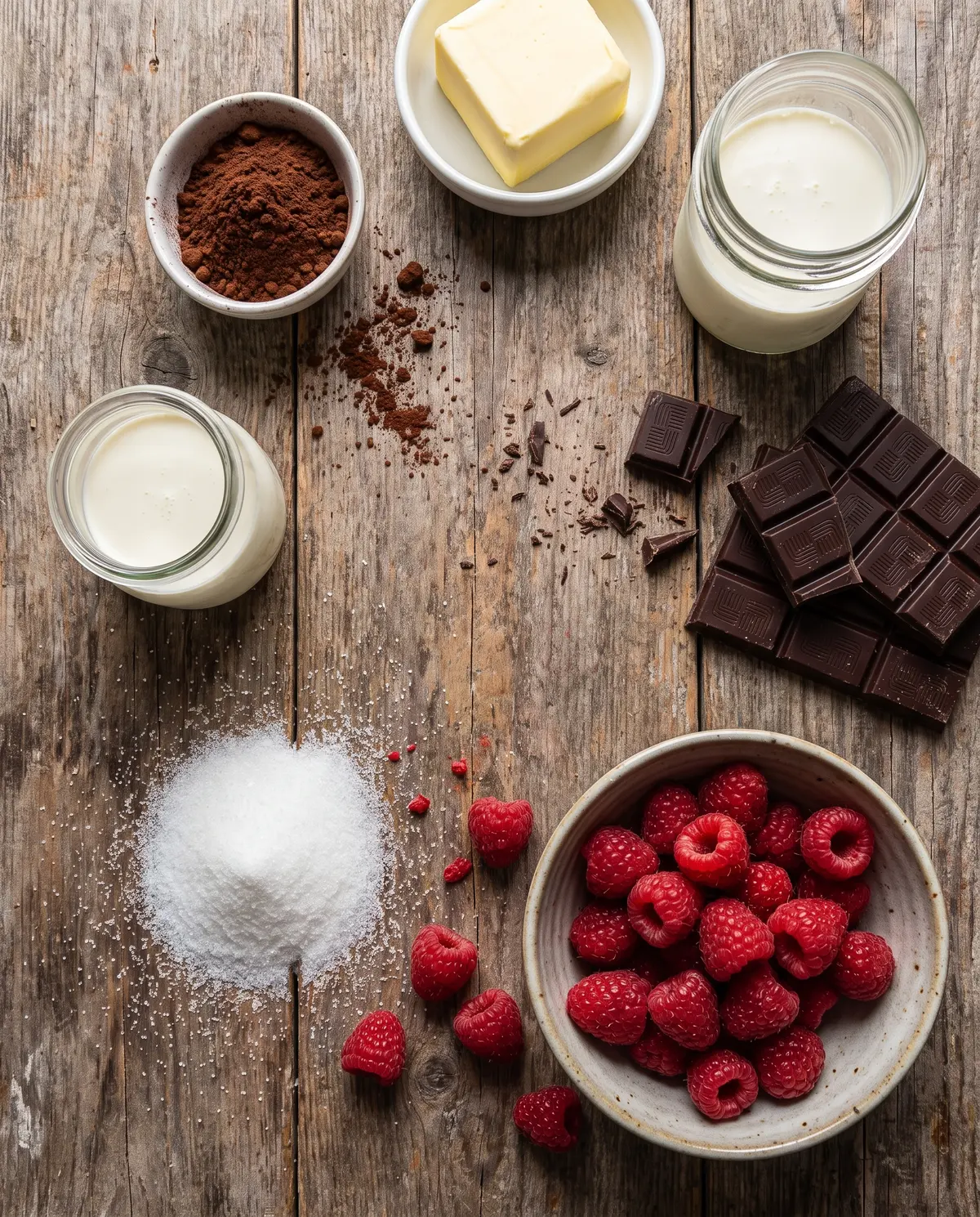 Top-down flat-lay of chocolate caramel tart ingredients on warm wood surface