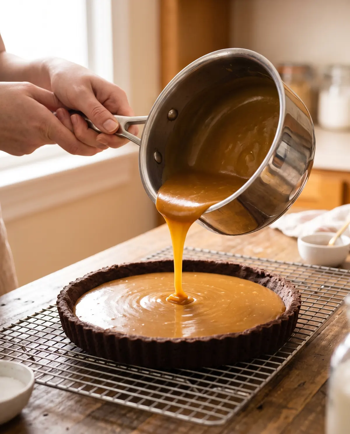 Hands pouring golden caramel sauce into cooled tart crust on wire rack