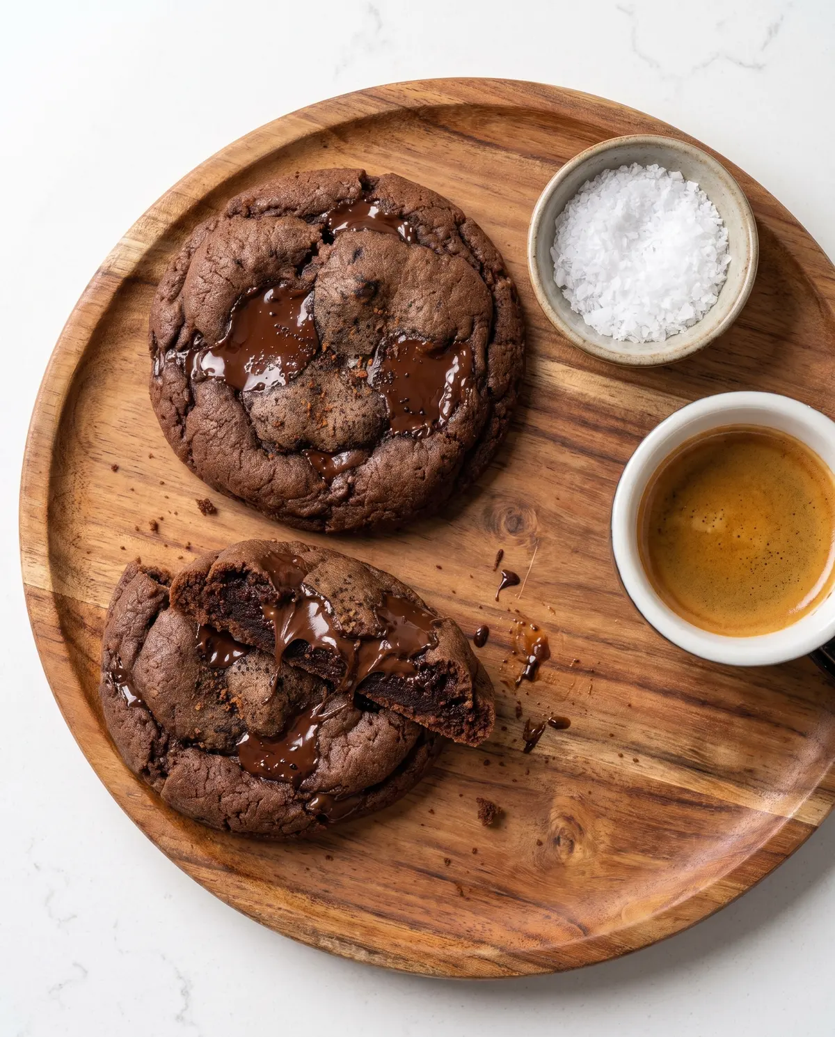 Brown butter espresso cookies on wooden board with espresso cup and sea salt bowl