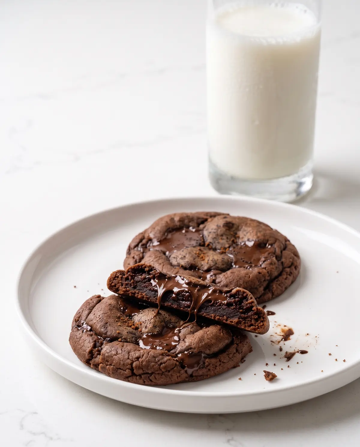 Brown butter espresso cookies on white plate with glass of milk in background